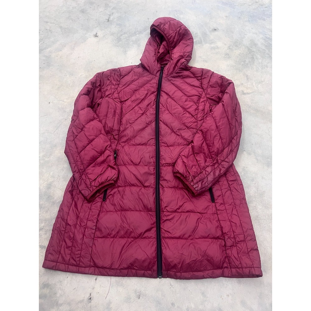 London Fog Jacket Womens L Maroon Quilted Packable Long Sleeve Full Zip Hooded